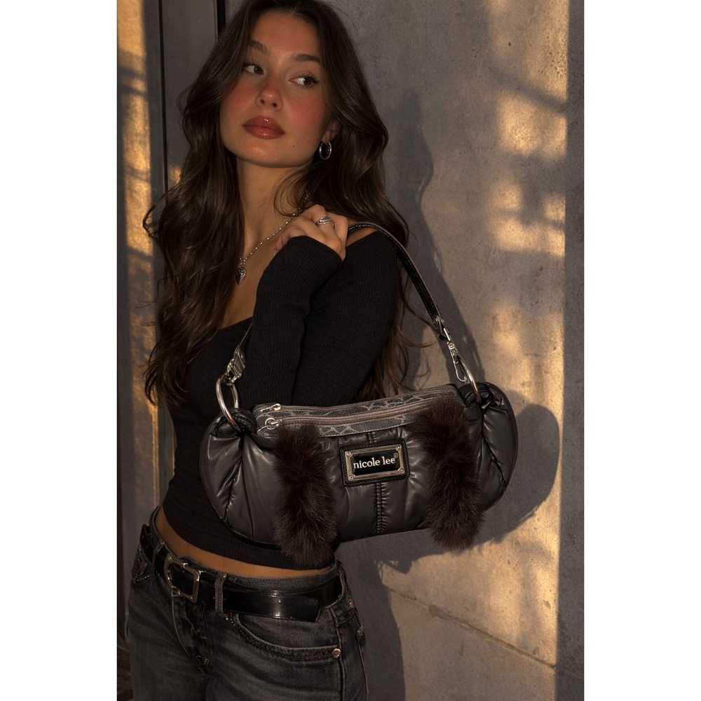 NWT Nicole Lee Y2K Faux Fur‎ Trim Shoulder Bag Black Mini Hobo Dark Coquette